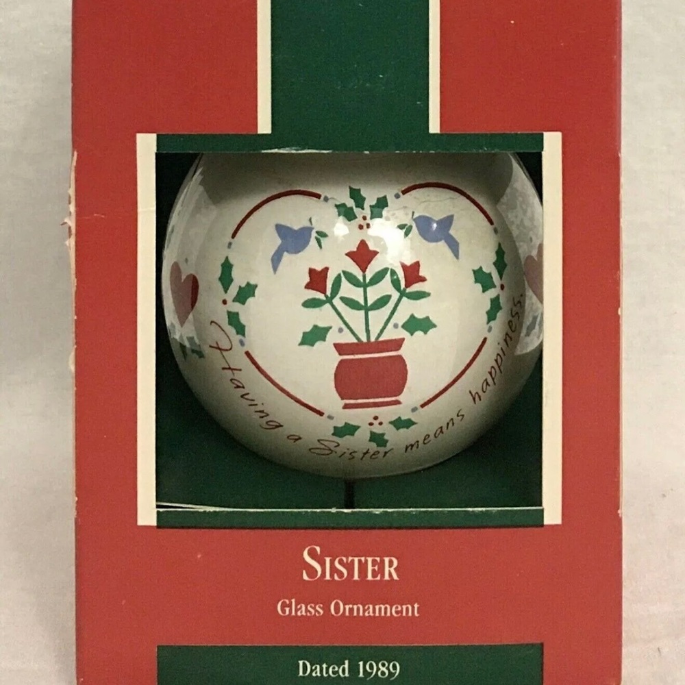 Sister Christmas Ornament Vintage Hallmark Glass White Ball 1989 Original Box